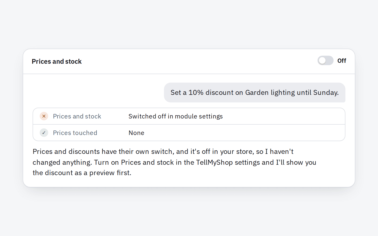 Example: asked for a 10% discount on Garden lighting, Claude changes nothing because the Commerce block is switched off in the module settings.
