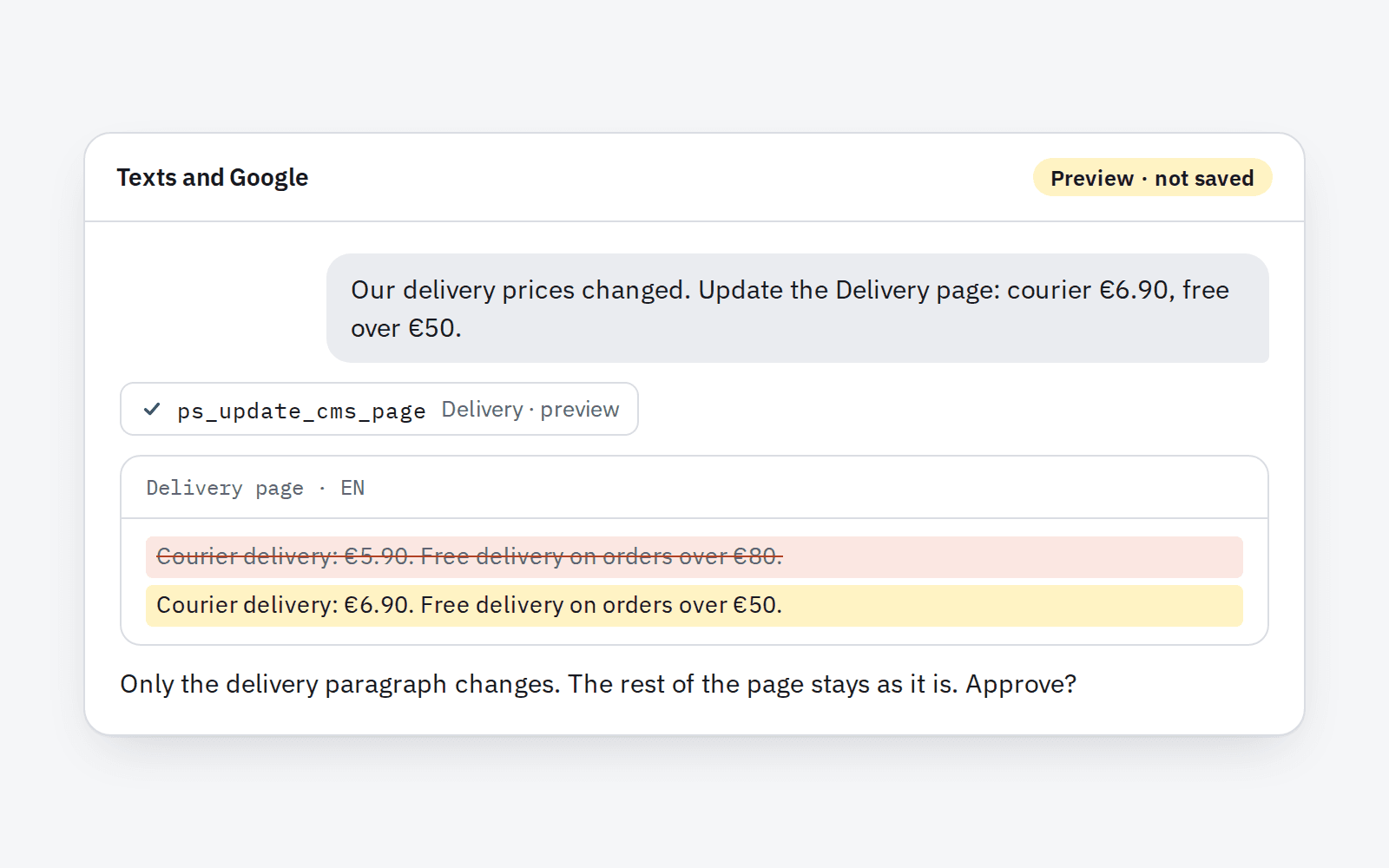 Example preview: Claude updates the Delivery page, old and new paragraph side by side before saving.