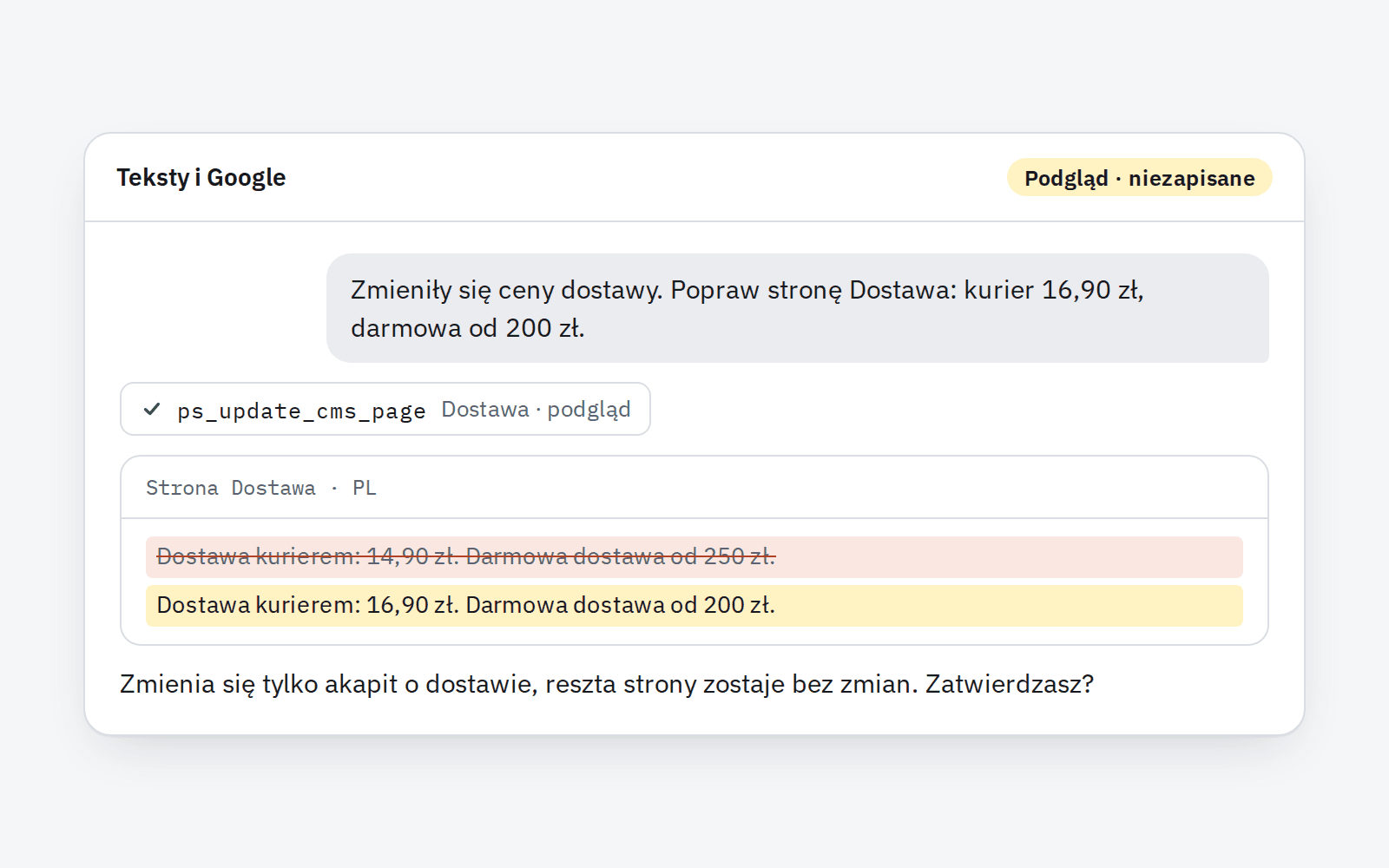 Przykładowy podgląd: Claude aktualizuje stronę Dostawa, stary i nowy akapit obok siebie przed zapisem.
