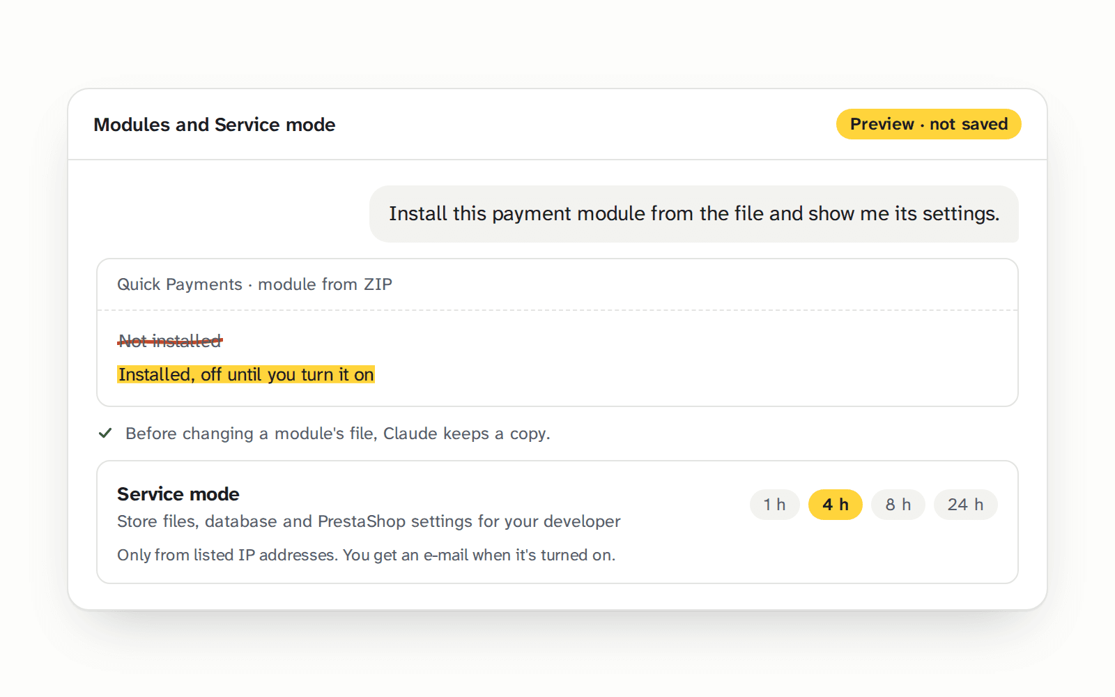 Block Modules and Service mode: install and configure modules, edit files and the database, maintenance mode for a set time. Off by default, for developers.